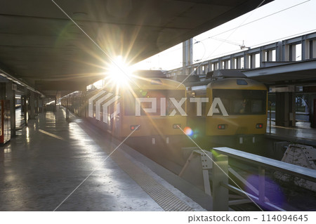 A train station with two yellow trains parked on the platform A train station with two yellow trains parked on the platform 114094645
