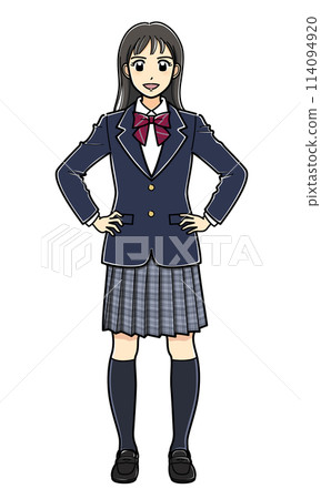 A high school girl in a blazer standing with her legs apart 114094920