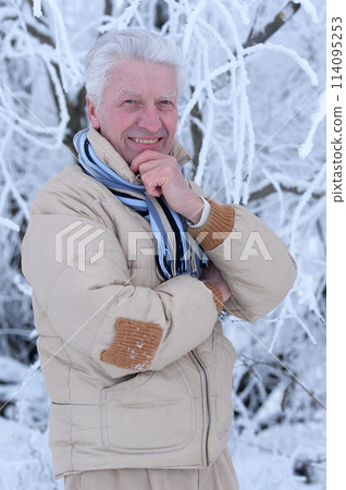 Portrait of senior man praying and posing in winter park 114095253