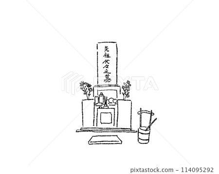 Grave, bucket and ladle, visiting a grave, line drawing Grave, bucket and ladle, visiting a grave, line drawing 114095292