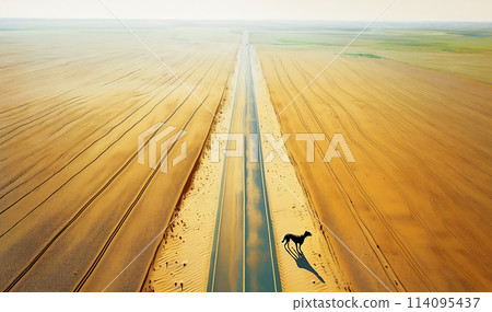 An eternal road leading to the sea at dusk and a dog 114095437