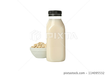 PNG, Bottles of milk and oatmeal in bowl, isolated on white background 114095532
