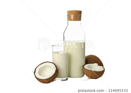 PNG, Bottle and glass with milk and coconuts, isolated on white background 114095533