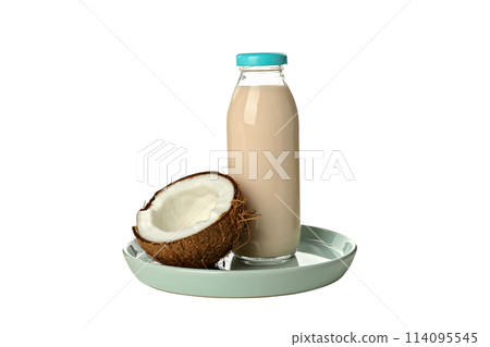 PNG, Bottle of milk and coconut on plate, isolated on white background PNG, Bottle of milk and coconut on plate, isolated on white background 114095545