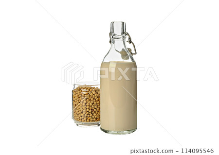 PNG, Bottle of milk and glass with soy, isolated on white background PNG, Bottle of milk and glass with soy, isolated on white background 114095546