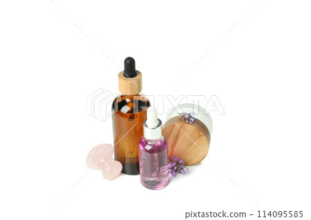 PNG,Lavender oil in bottles with lavender flowers, isolated on white background PNG,Lavender oil in bottles with lavender flowers, isolated on white background 114095585