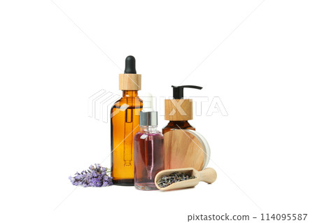 PNG,Lavender oil in bottles with lavender flowers, isolated on white background PNG,Lavender oil in bottles with lavender flowers, isolated on white background 114095587