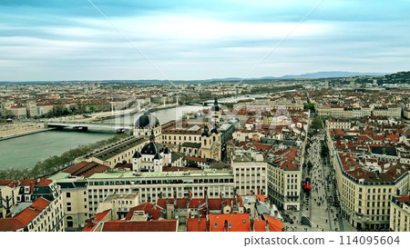 Aerial view of Rue de la Republique, a famous pedestrian street in the center of Lyon, Bellecour - Hotel Dieu district. France Aerial view of Rue de la Republique, a famous pedestrian street in the center of Lyon, Bellecour - Hotel Dieu district. France 114095604