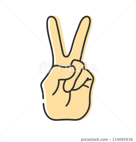 Human hand making peace sign. Line icon isolated blue background. Peace gesture. Vector illustration Human hand making peace sign. Line icon isolated blue background. Peace gesture. Vector illustration 114095636