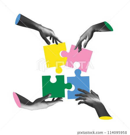 Vector illustration. Human hands connecting multicolored puzzles on light background. Coordinated work Vector illustration. Human hands connecting multicolored puzzles on light background. Coordinated work 114095958