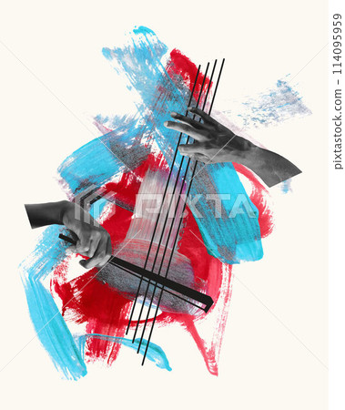 Vector illustration. Contemporary art collage. Male hands playing violin on light background with abstract design elements 114095959
