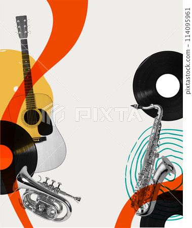 Vector illustration. Contemporary art collage. Musical instruments on light background with abstract design elements 114095961