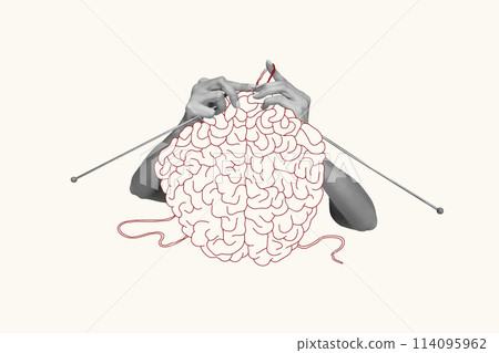 Vector illustration. Contemporary art collage. Human hands knitting brain. Growing psychological and emotional stability. 114095962