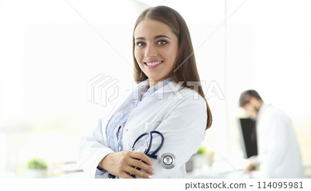 Female medicine doctor portrait against medical Female medicine doctor portrait against medical 114095981