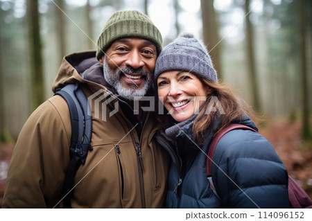 Middle age mixed race couple enjoying outdoors activity in winter woods 114096152