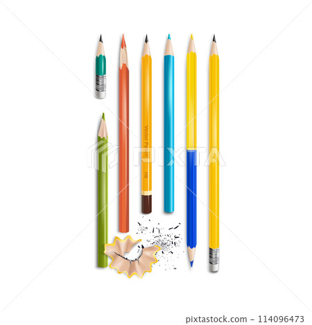 Realistic Detailed 3d Sharpened Color Pencil with a Rubber Band Set. Vector illustration of Different Pencils 114096473