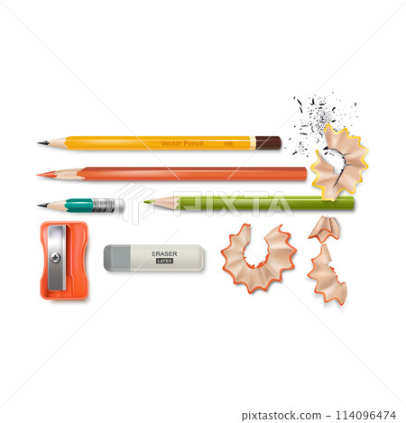 Realistic Detailed 3d Office Stationery Concept Isolated on a White Background. Vector illustration of Sharpener, Pencils and Eraser Realistic Detailed 3d Office Stationery Concept Isolated on a White Background. Vector illustration of Sharpener, Pencils and Eraser 114096474