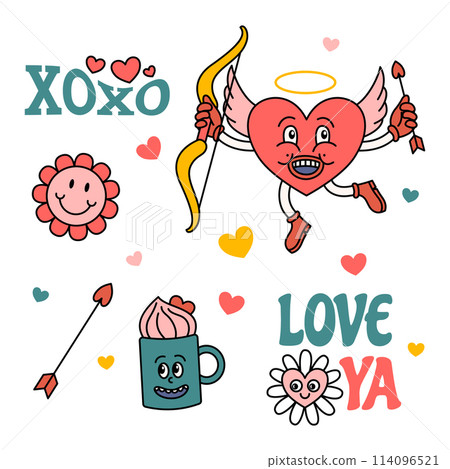 Cartoon Color Groovy Hippie Valentines Day Characters Elements Set Romantic Holiday Concept Flat Design Style. Vector illustration 114096521