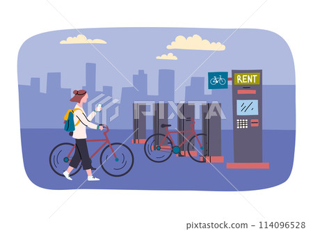 Cartoon Color Characters People and City Bike Rental Dusk Concept Flat Design Style. Vector illustration of Transport Rent Station Cartoon Color Characters People and City Bike Rental Dusk Concept Flat Design Style. Vector illustration of Transport Rent Station 114096528