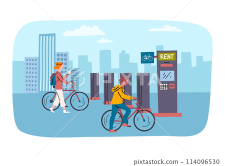 Cartoon Color Characters People and Bike Rental in Town Afternoon Concept Flat Design Style. Vector illustration of Transport Rent Station 114096530