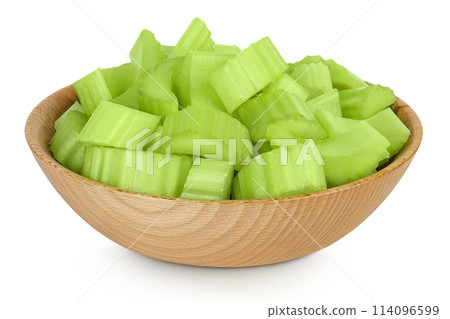 fresh celery in wooden bowl isolated on white background with full depth of field 114096599