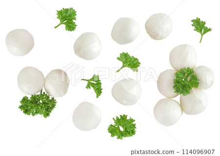 Mini mozzarella balls with parsley isolated on white background. Top view. Flat lay. Mini mozzarella balls with parsley isolated on white background. Top view. Flat lay. 114096907