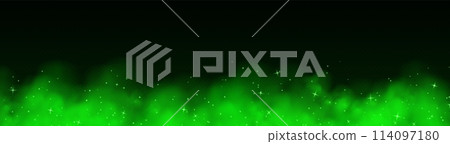 Green magic smoke with stars and sparkles, fog with glowing particles, colorful vapor with star dust. 114097180