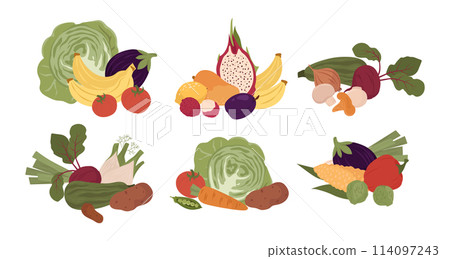 Healthy food compositions in flat style Healthy food compositions in flat style 114097243