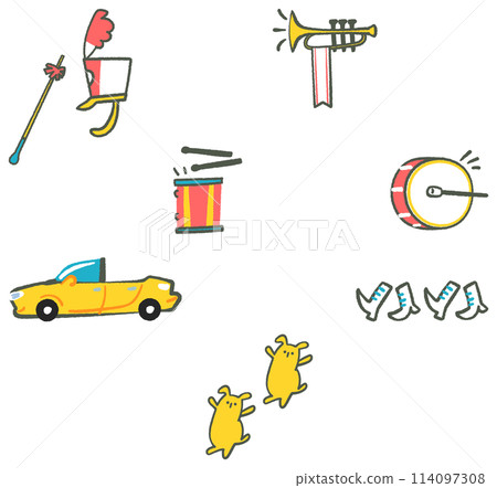 一組鳥瞰圖插圖，可用於向人們介紹鎮上正在舉行的熱鬧遊行。 114097308