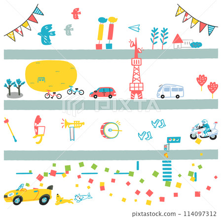 一組鳥瞰圖插圖，可用於向人們介紹鎮上正在舉行的熱鬧遊行。 114097312