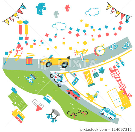 一組鳥瞰圖插圖，可用於向人們介紹鎮上正在舉行的熱鬧遊行。 114097315