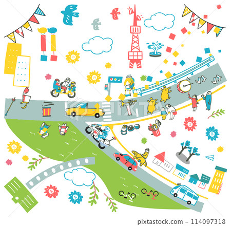 A set of overhead illustrations that can be used to announce a lively parade being held in town 114097318