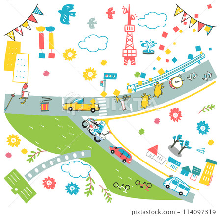 A set of overhead illustrations that can be used to announce a lively parade being held in town 114097319