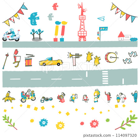 一組鳥瞰圖插圖，可用於向人們介紹鎮上正在舉行的熱鬧遊行。 114097320