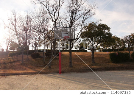 I took this photo of a basketball court illuminated by the morning sun. I took this photo of a basketball court illuminated by the morning sun. 114097385