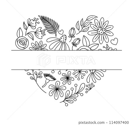 Flowers in heart shape. Hand drawn outline style illustration 114097400
