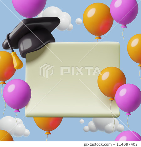 Graduation party square background template 3d render with balloons student hat and copy space 114097402