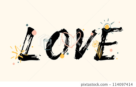 LOVE. Text love. Lettering vector illustration for poster, postcard, banner Valentine's day, wedding. Hand drawn word love with doodle heart. Print for t-shirt, phone case, poster, postcard 114097414
