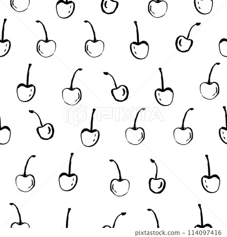 Doodle sketch cherry seamless pattern. Simple and stylish fruit design for kids fabric or wallpaper. Vector cherry seamless texture. Cute baby print design. Doodle sketch cherry seamless pattern. Simple and stylish fruit design for kids fabric or wallpaper. Vector cherry seamless texture. Cute baby print design. 114097416