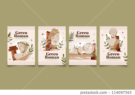 Hand drawn flat greco roman cards collection with antique greek busts and leaves 114097565