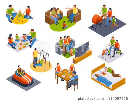 Isometric cartoon family scene composition set - Stock Illustration ...