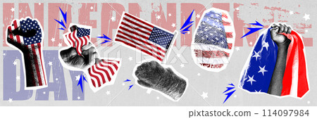 Strength in unity. Human hands and American flags, convey powerful message of strength in unity. Contemporary art collage. 114097984