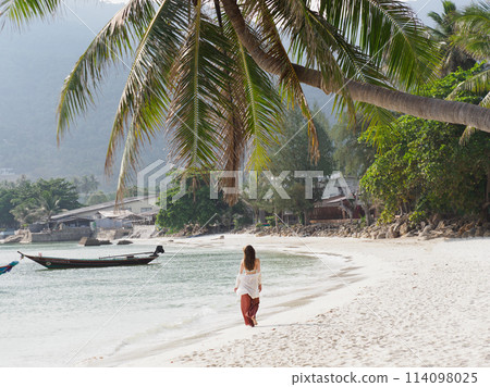 Cute woman walking along a stunning white sandy beach Cute woman walking along a stunning white sandy beach 114098025