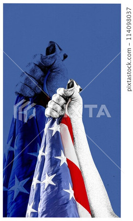 Declaration of independence. Human hand raising American flag, celebrating freedom and democracy in America. Contemporary art collage. 114098037