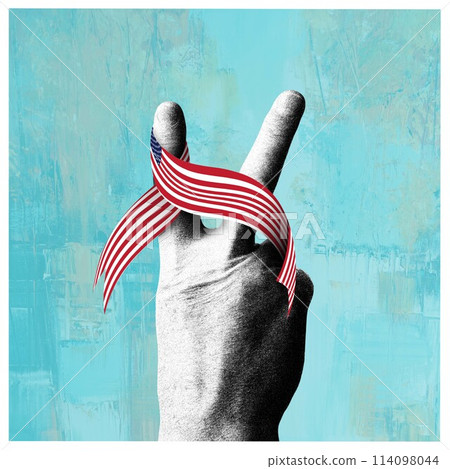 Symbol of freedom and unity. Hand showing victory, peace sign, wrapped with the American flag ribbon. Contemporary art collage. 114098044