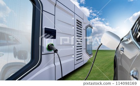 Charging electric car nex to futuristic ecological house with charging station on the wall 114098169