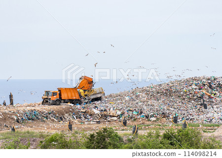 Machines are working on a dumb with sea on a background. Machines are working on a dumb with sea on a background. 114098214