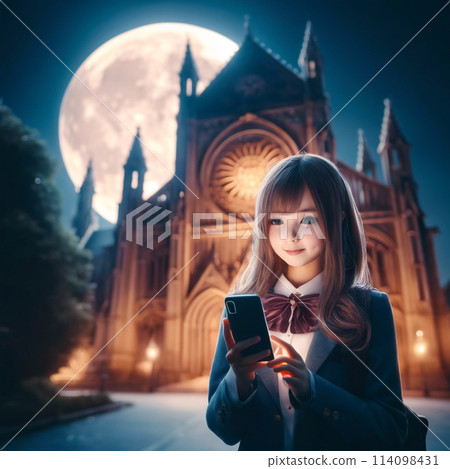 月夜寄語:哥德式大教堂與女高中生插畫 月夜寄語:哥德式大教堂與女高中生插畫 114098431