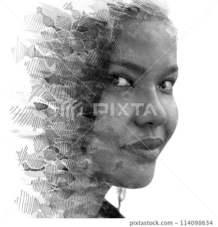 A black and white half profile paintography portrait of a young Asian woman 114098634