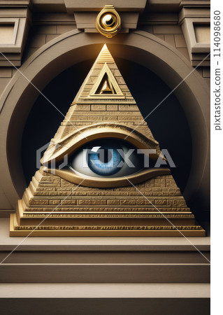 Eye of providence, all seeing eye, mason pyramid with gold details, concept of masonic secret societies. 114098680